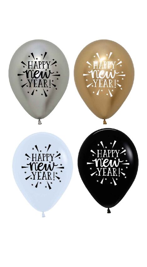 50 Helium Ceiling Balloons - Happy New Year Printed Latex Black/Silver/Gold/White